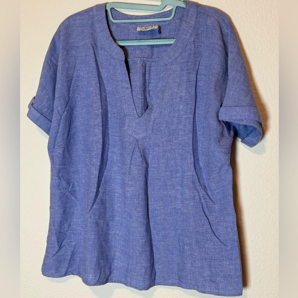 Blue Linen Blend Short Sleeve Top